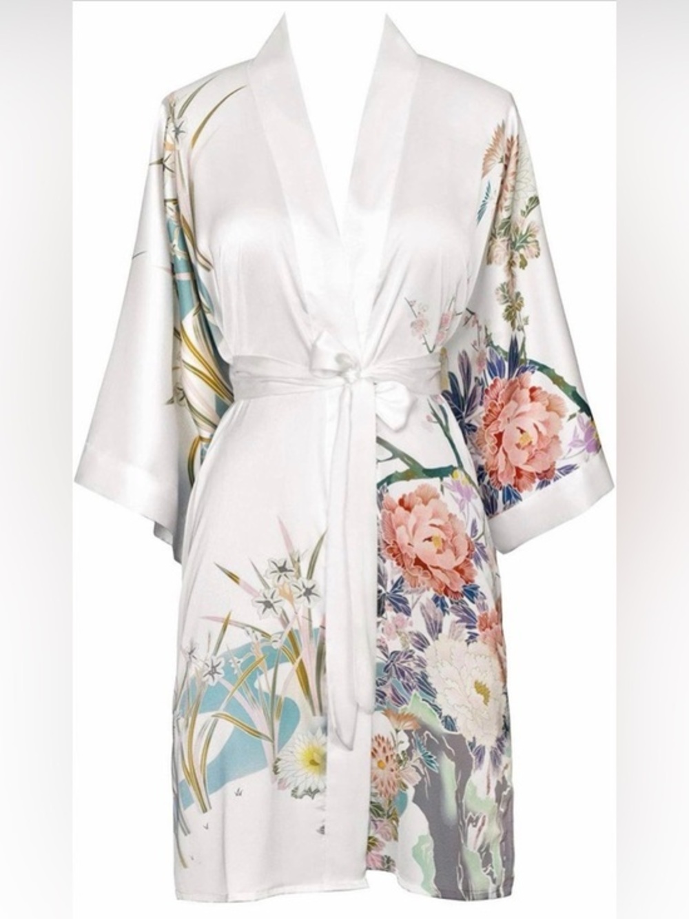 Old Shanghai Floral Charmeuse Kimono Robe White Multi One Size Silk Feel NWOT